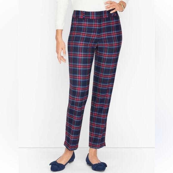 TALBOTS HAMPSHIRE ANKLE PANTS - MERRY TARTAN Red and Blue Plaid Size 16 - Picture 1 of 12